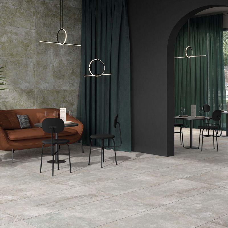 Carrelage en grès cérame aspect béton industriel moderne, gris clair, 60x120 cm - CS25040