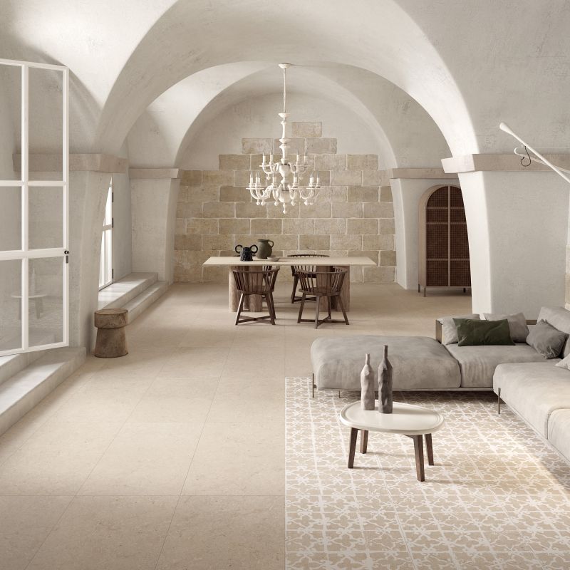 Carrelage en grès cérame aspect pierre de Trani, beige, 120x120 cm - CS25076