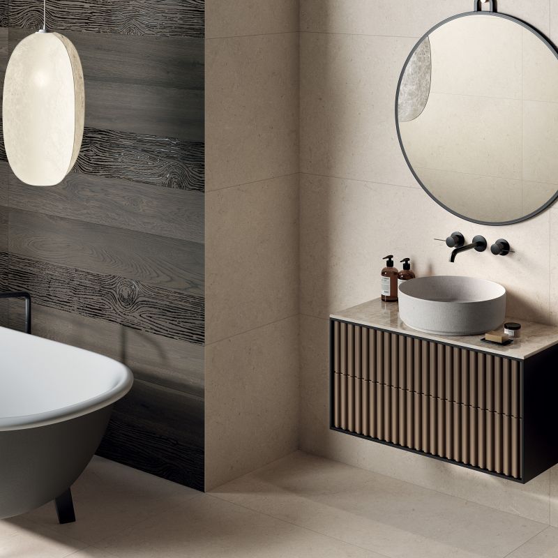 Carrelage en grès cérame aspect pierre, ivoire/beige, 120x120 cm - CS25077