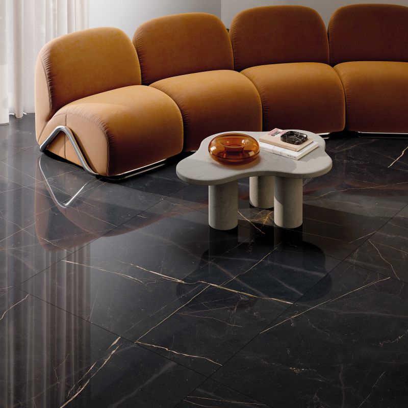 Carrelage en grès cérame effet marbre Premium, noir, poli, 120x120 cm - CS25096