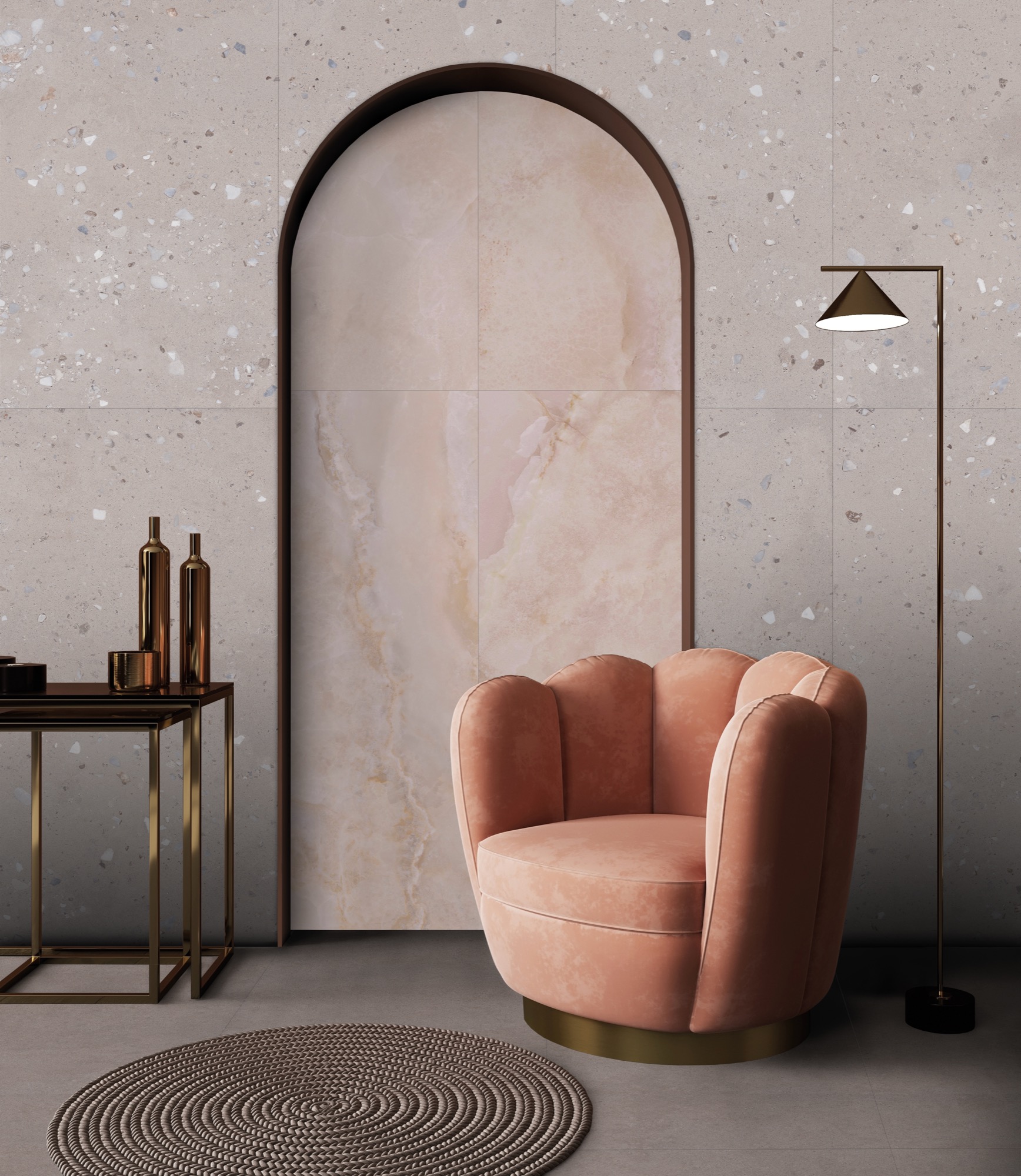 Carreau de porcelaine effet marbre onyx rose précieux brillant 120x120 - EI6010