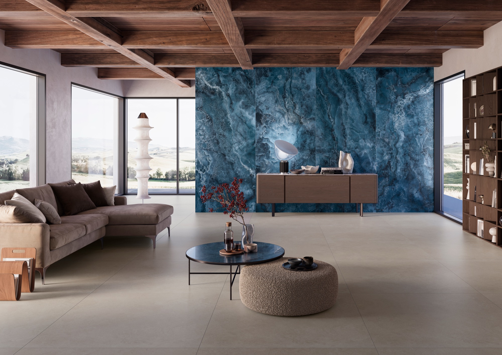 Carrelage de sol en porcelaine aspect marbre onyx bleu précieux, finition brillante, 120 x 120 cm - EI6011