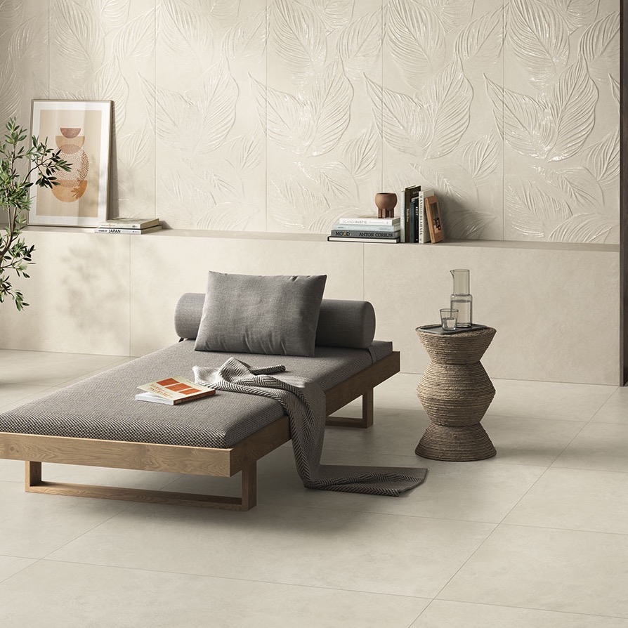 Carrelage en grès cérame aspect béton, ivoire, 60x120 cm - CS25116