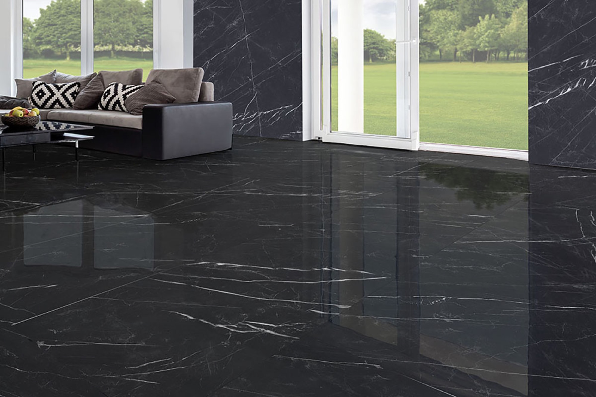 Carrelage en porcelaine effet marbre noir poli Marquina 120X120 - Embk837