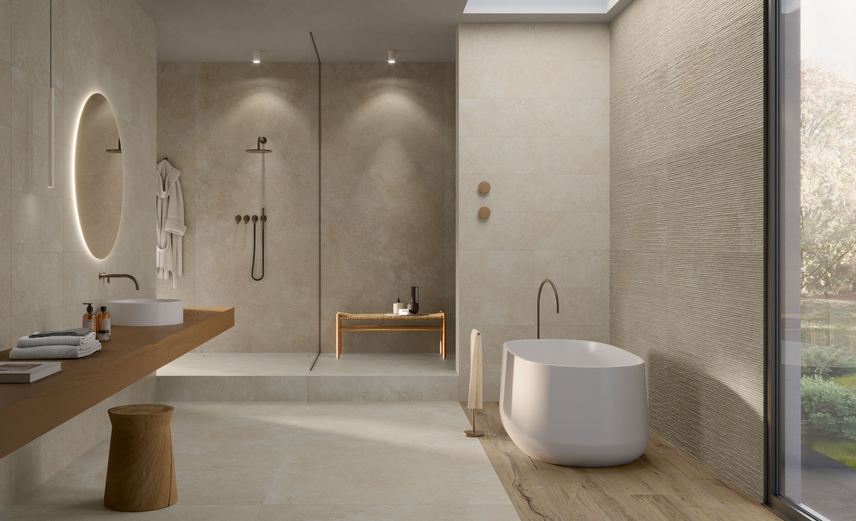 Spatule pour carrelage en grès cérame effet pierre ivoire mat Rt 120x120 - ENAD1638