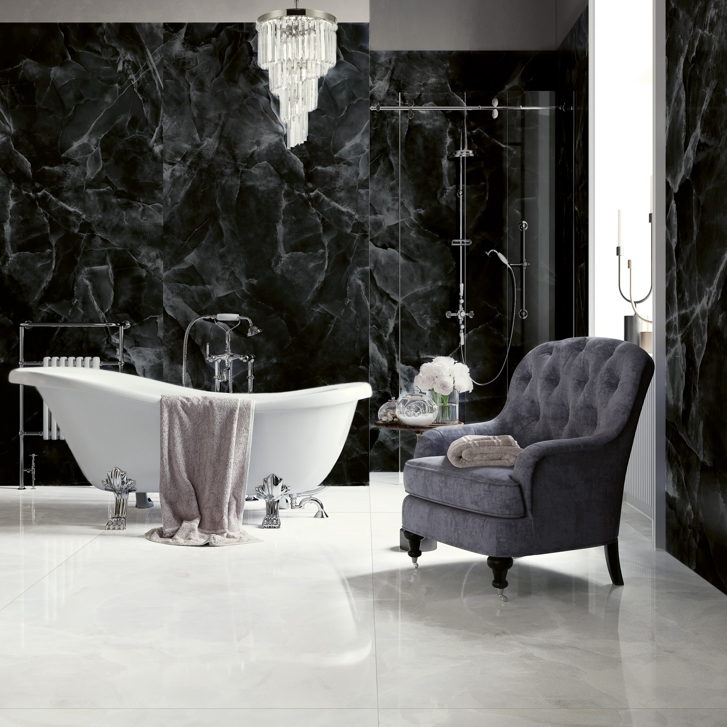 Carrelage Porcelaine Effet Marbre Onyx Noir Poli 60X120 - Eoxk132