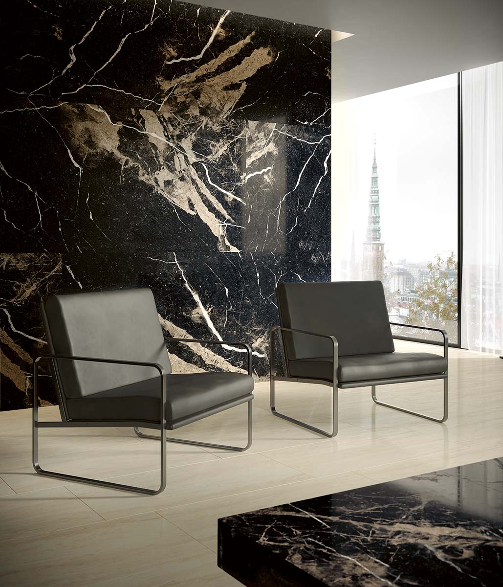 Carrelage Porcelaine Effet Marbre Veines Beige Noir Brillant 60X120 - Epib162